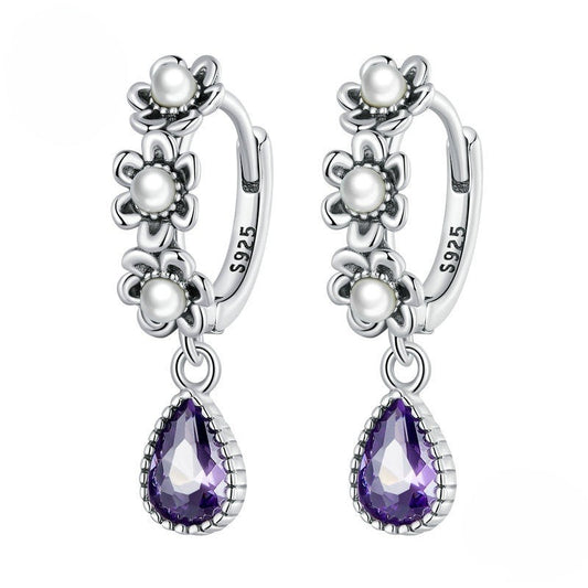 Purple Zircon Shell Pearls Silver Flower Earrings