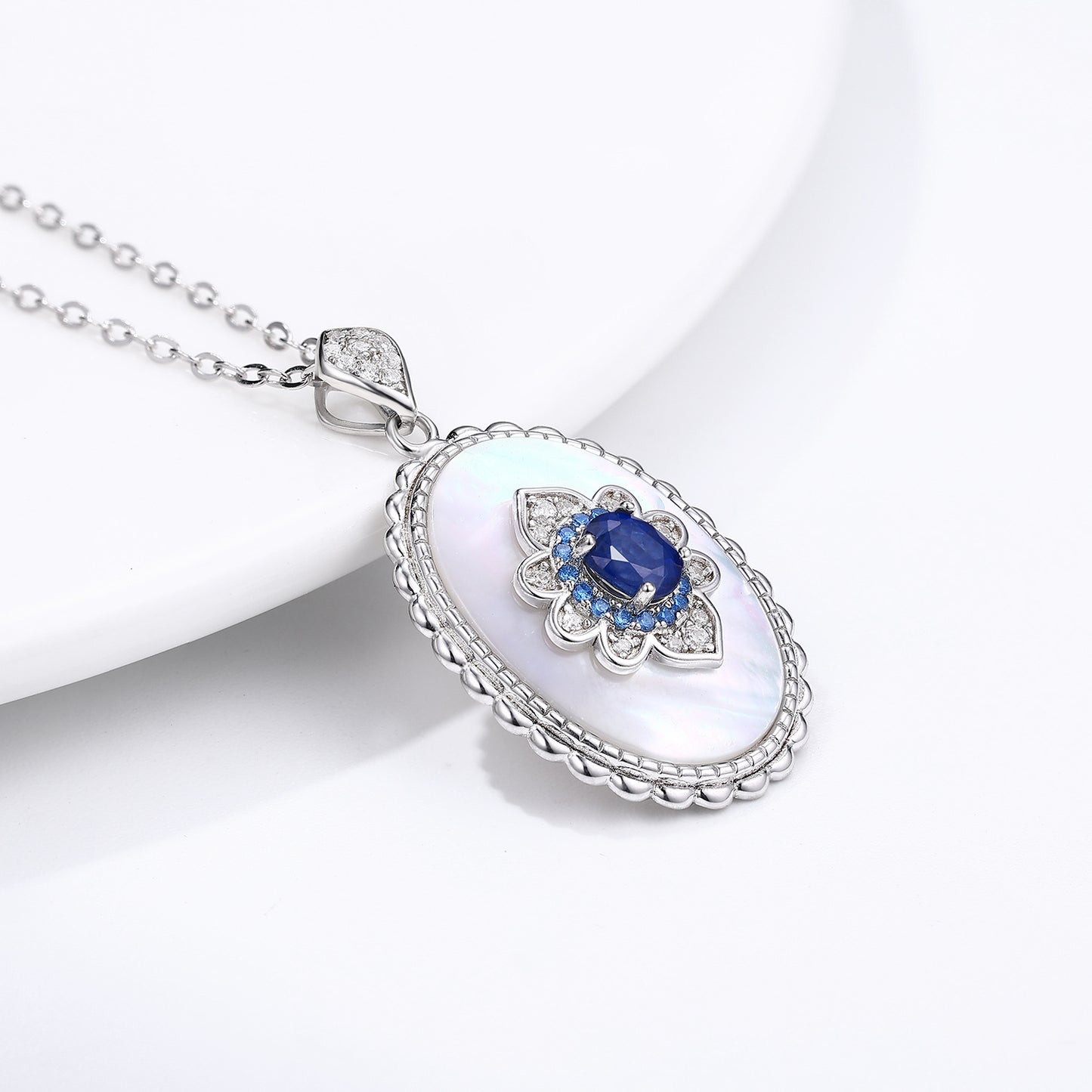 Sapphire Diamond Pendant Necklace - 925 Sterling Silver