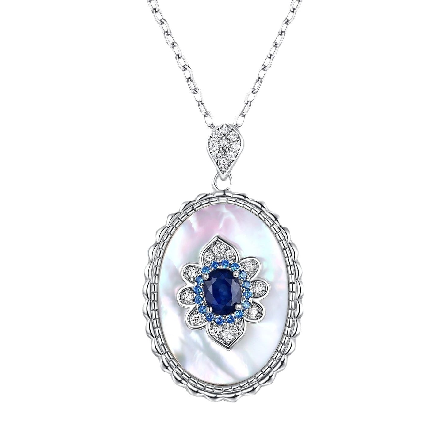 Sapphire Diamond Pendant Necklace - 925 Sterling Silver