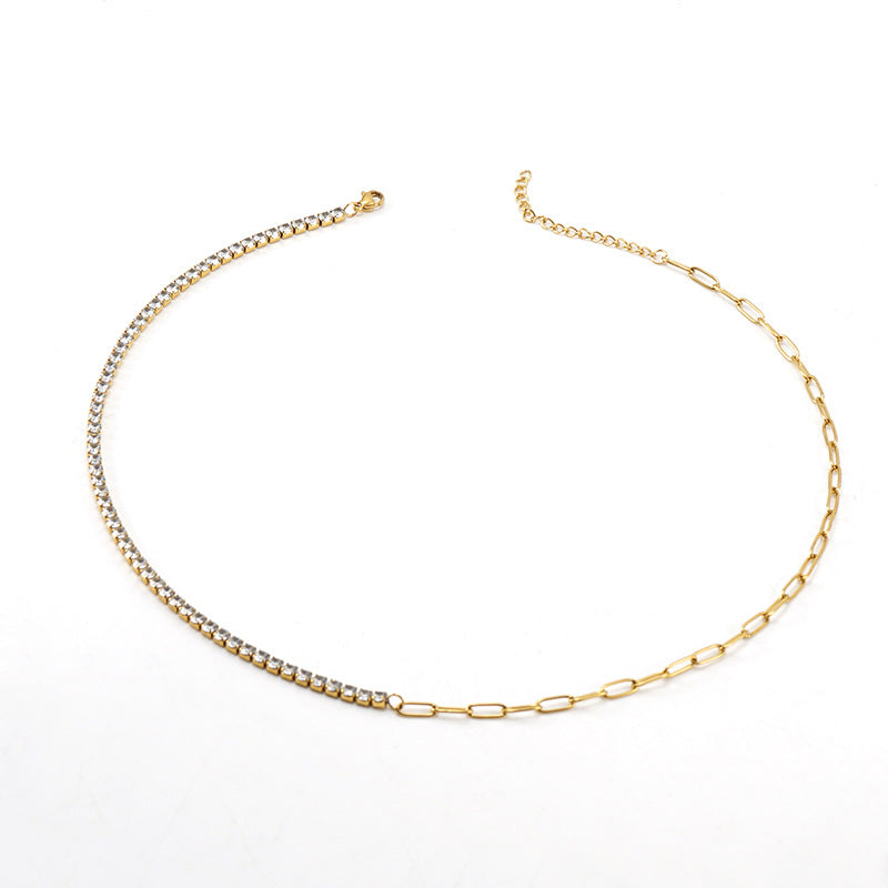 Diamond-Studded Gold Necklace - Stainless Steel