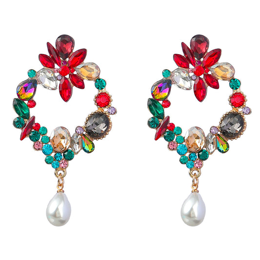 Trendy Women's Faux Pearl Earrings with Gold Diamond Geometric Flower Design