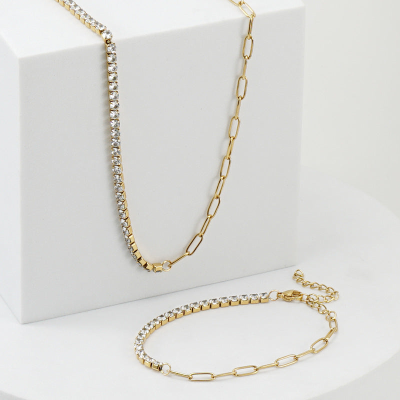 Diamond-Studded Gold Necklace - Stainless Steel