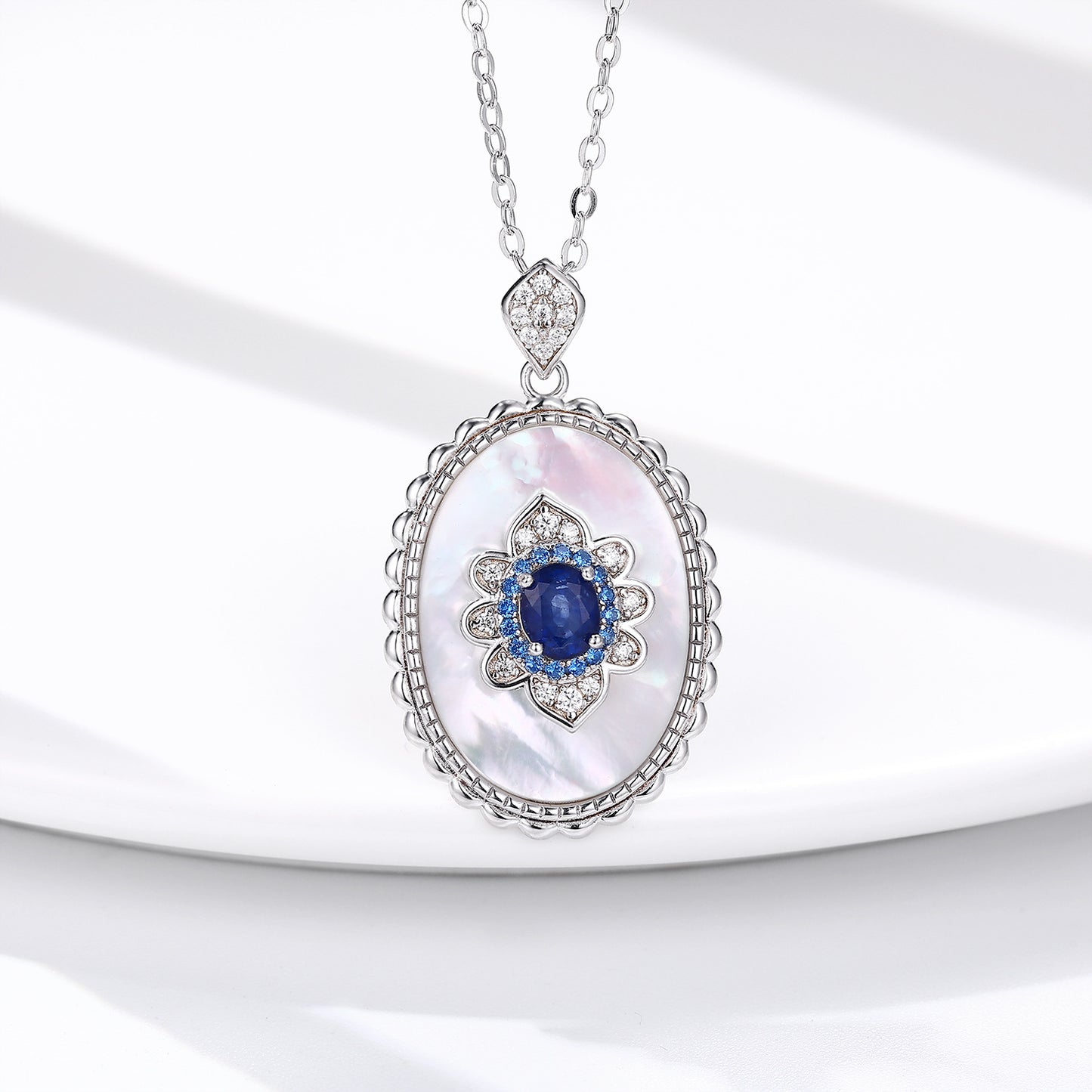 Sapphire Diamond Pendant Necklace - 925 Sterling Silver