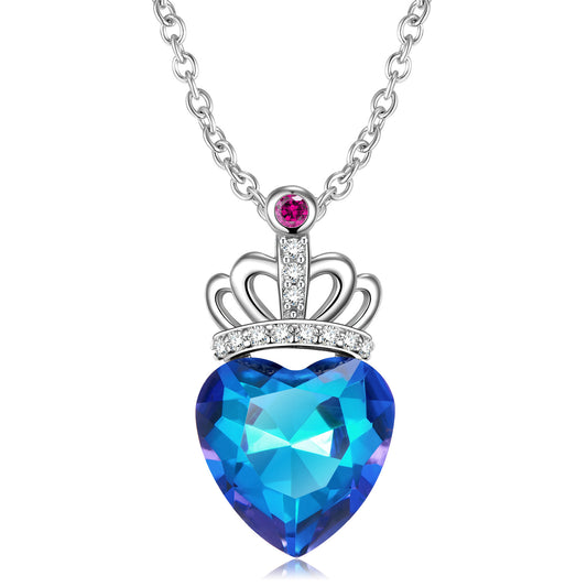 S925 Sterling Silver Blue Light Peach Heart Crown Necklace